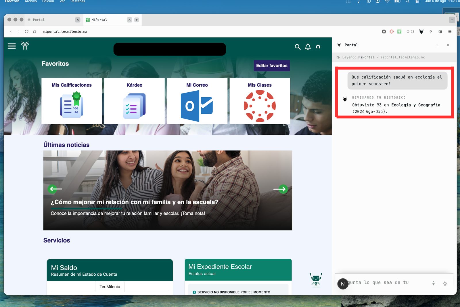 El asistente respondiendo sobre una calificación de un semestre pasado