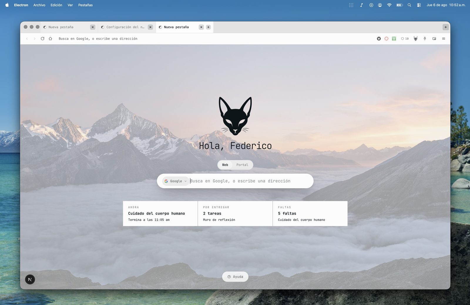 La pestaña nueva de Portal, con el buscador y el resumen del día